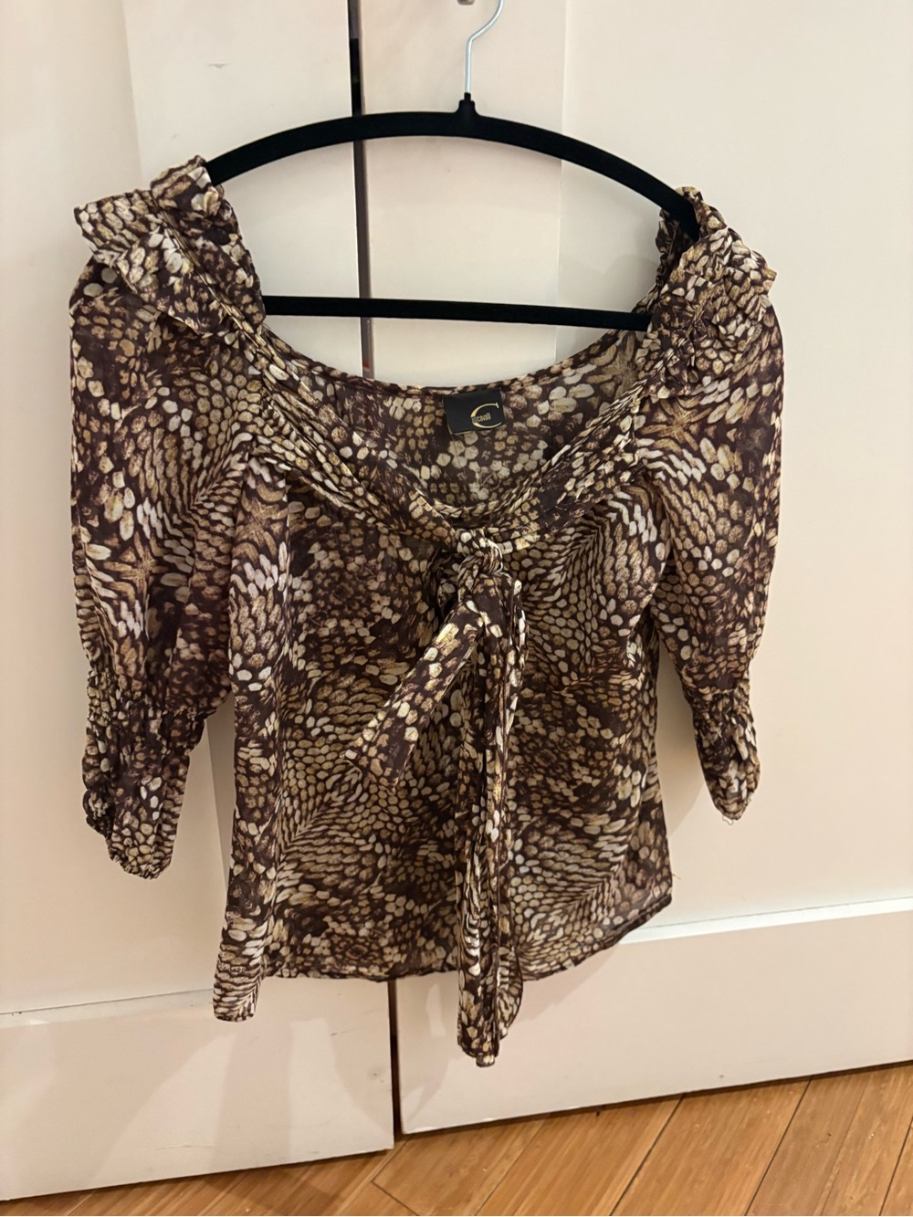 Just Cavalli Brown and Cream Printed Tie-Front Blouse